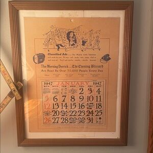 Vintage 1947 Framed Calendar Print